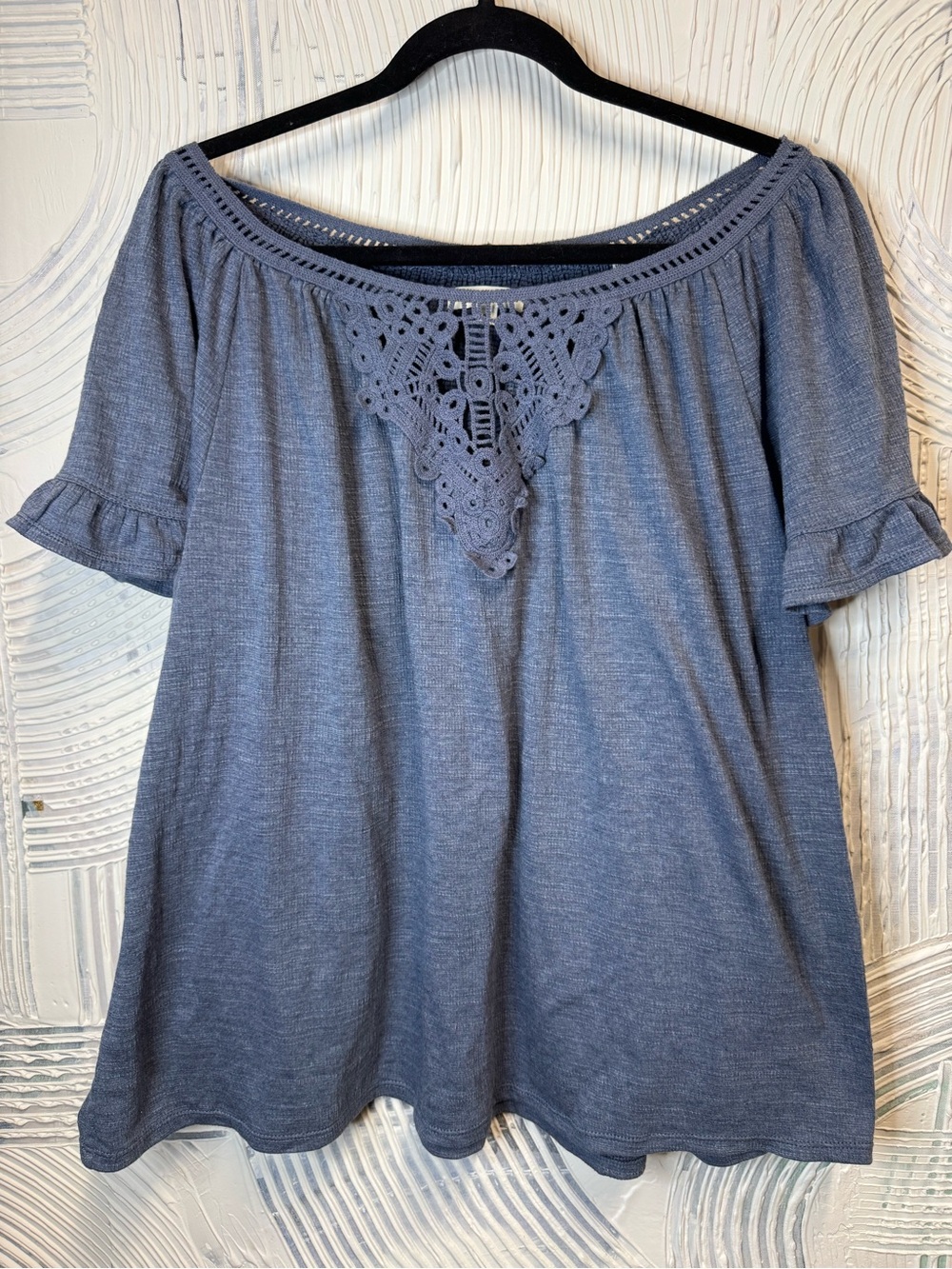 Womens Blue Crochet-Trim Top